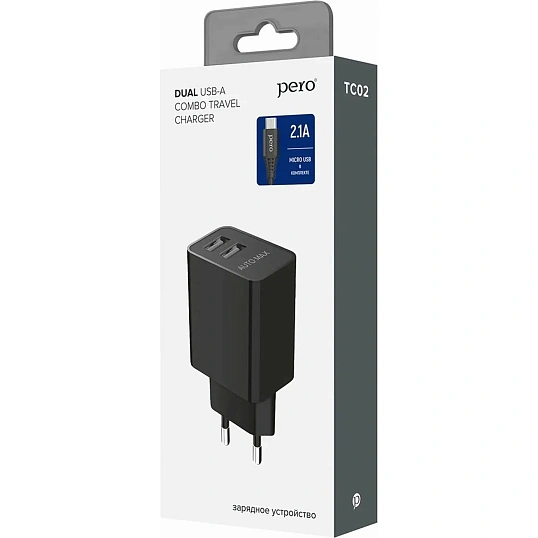 Зарядное устройство сет. PERO TC02 2USB 2.1A c каб. Type-C в компл. черный