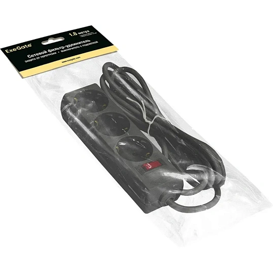 Сетевой фильтр ExeGate SP-3-1.8B 3р/1.8м, 10А/2,2кВт, черный(EX221176RUS)