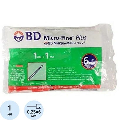 Шприц инсулиновый U-100 1мл 31G(0,25х6) инт. 10шт/уп BD