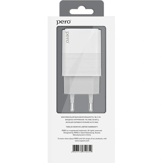 Зарядное устройство сетевое PERO TC08 AUTO MAX 2USB 3.4А белый