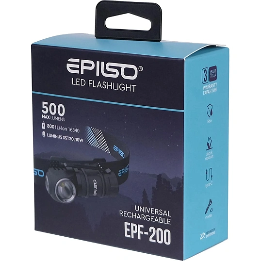 Фонарь EPILSO EPF-200 (карманный, налобный, Luminus SST20 10W, аккум 16340)