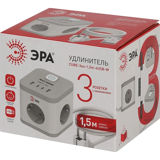 Удлинитель ЭРА CUBE-3es-1,5m-4USB-W 16А белый (Б0069073)
