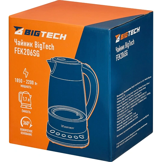 Чайник BigTech FEK206SG, 1,7л,2200, Strix, стекло,металл