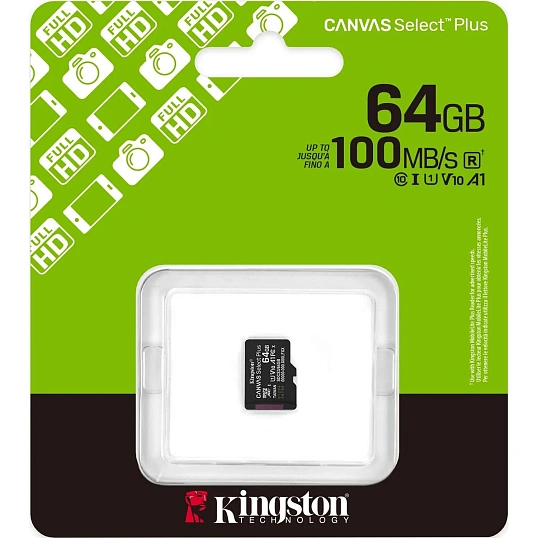 Карта памяти Kingston micro SDXC 64GB,Canvas Select Plus,100MB/s,без адапт