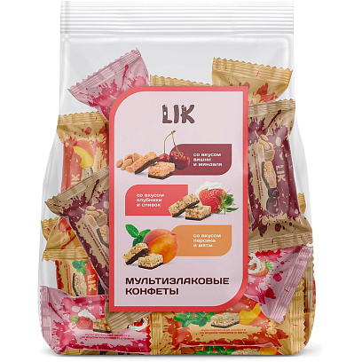 Конфеты мультизлаковые LIK ас в глазур (клуб/слив, виш/минд, перс/мят),250г