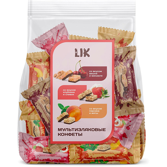 Конфеты мультизлаковые LIK ас в глазур (клуб/слив, виш/минд, перс/мят),250г