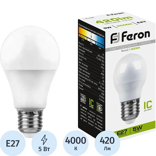 Лампа светодиодная Feron LB-38 Шарик E27 5W 175-265V 4000K(25405)