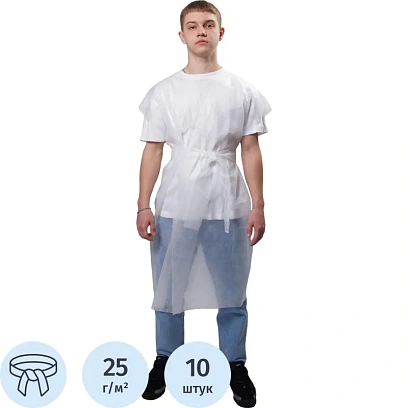 Халат (накидка) одноразовый  на завязках,25 гр, белый, 10шт/уп