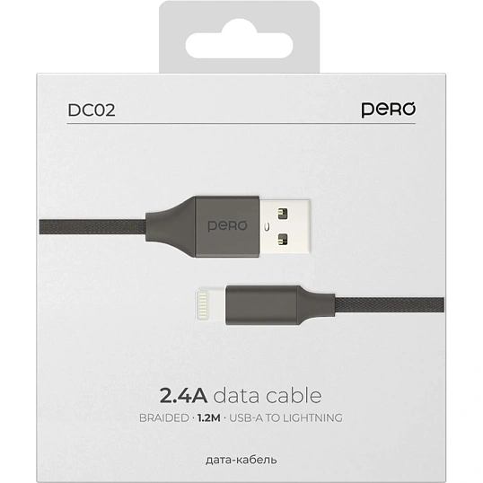 Кабель PERO DC02 USB-A to LIGHTNING, 2.4A, 1.2m, Black