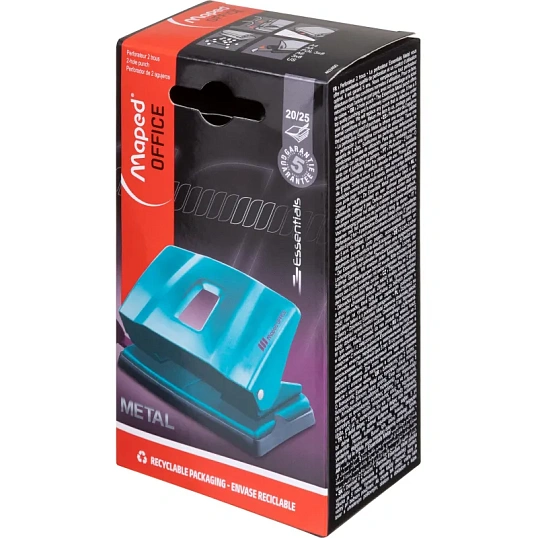 Дырокол ESSENTIALS METAL DECO металл,2 отв,20/25л,бирюз,короб.с подв.402400