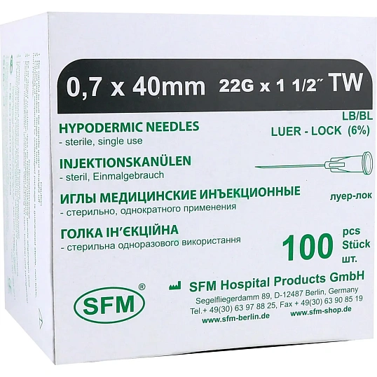 Игла инъекционная 22G (0,7х40 мм) SFM 100шт/уп.