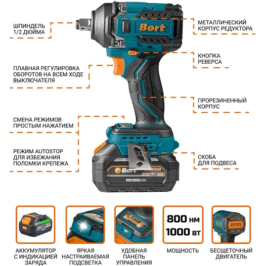 Гайковерт аккумуляторный Bort BSR-21U (2x4Ач+ЗУ) (93418477)