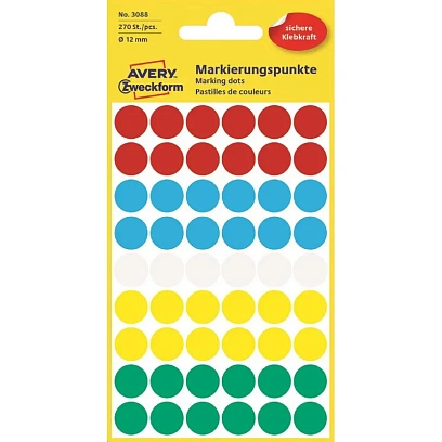Этикетки самоклеящиеся точки  3088 d=12 мм, многоцветный, 270шт/уп