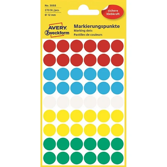Этикетки самоклеящиеся точки  3088 d=12 мм, многоцветный, 270шт/уп