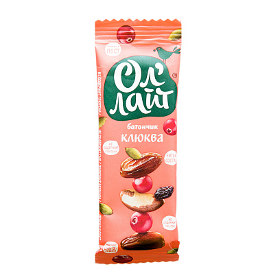 Батончик Ол'Лайт фруктово-ореховый, клюквенный, 30 г