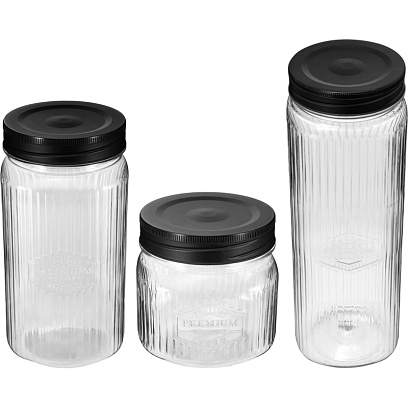 Набор банок квадратных с рельефом PREMIUM 0,6л, 1,3л, 2л(Черный)