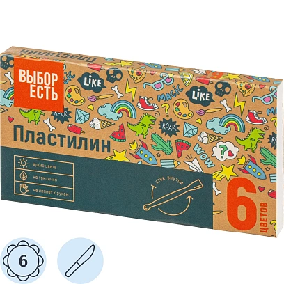 Пластилин классический Выбор Есть 6 цв.90 гр, набор со стеком