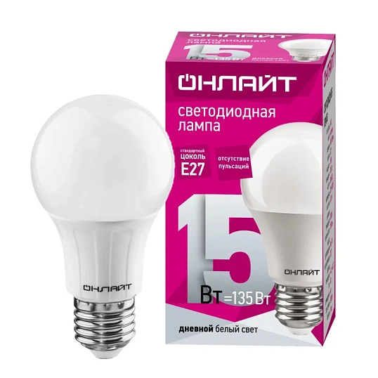 Лампа светодиодная ОНЛАЙТ OLL-A60-15-230-6.5K-E27   15Вт Е27 6500К 61151