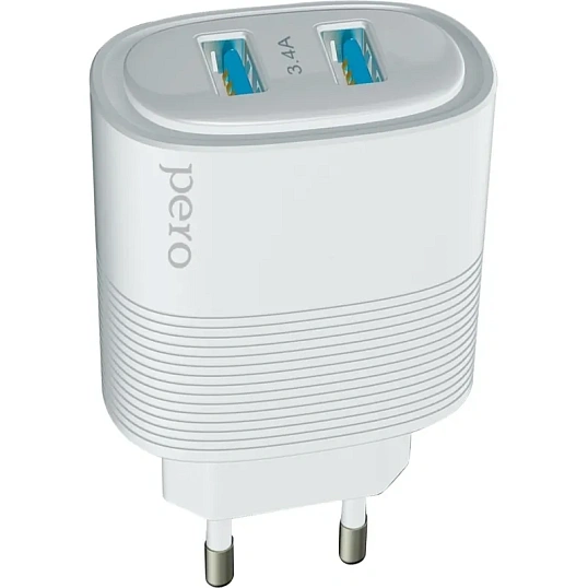 Зарядное устройство сетевое PERO TC08 AUTO MAX 2USB 3.4А белый