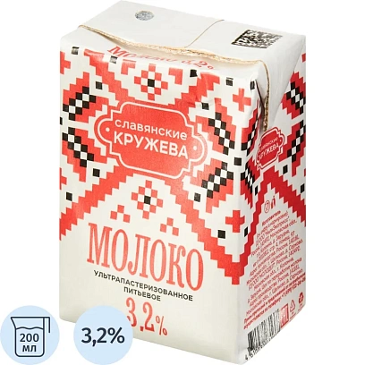 Молоко Славянские Кружева питьевое ультрапастеризованное брик, 3,2%, 200мл