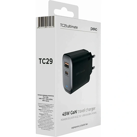 Зарядное устройство сет. PERO TC29 ULTIMATE GAN USB-A + USB-C, 45W черный