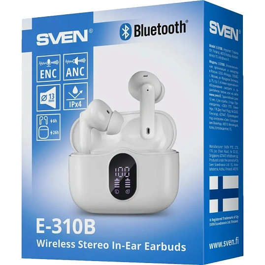 Наушники Sven E-310B, белый, Bluetooth, TWS, ANC, ENC
