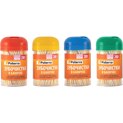 Зубочистки бамбук., PATERRA, 200 шт. в пластиковой баночке, (401-623)