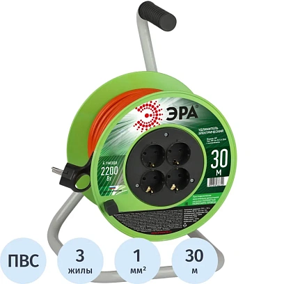 Удлинитель силовой ЭРА ПВС 3х1мм2 30м на пласт.кат. c/з 4 розетки,Б0056099