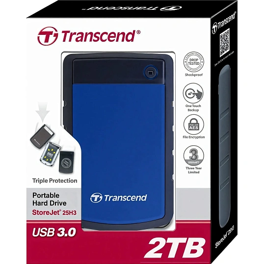 Портативный HDD Transcend StoreJet 25H3 2Tb 2.5, USB 3.0, син, TS2TSJ25H3B