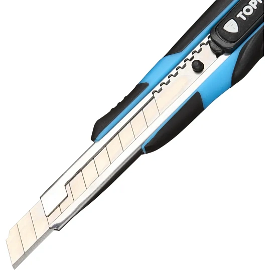 Нож универсальный TOPFORT 9мм с мет.напр.,дв.сист.выдв.+блок.лезв.,ABS+TPR