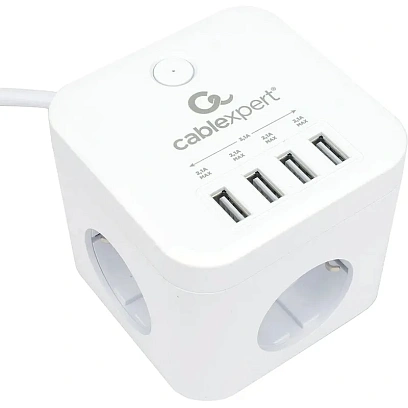 Сетевой фильтр Cablexpert Cube 3р/1,5м, 10А, 4хUSB, белый(CUBE-3-U4-W-1.5)