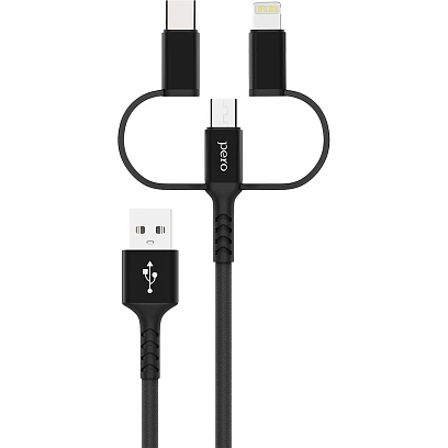 Кабель PERO, DC-06, 2.4А, 2м, Lightning/micro USB/Type-C, черный