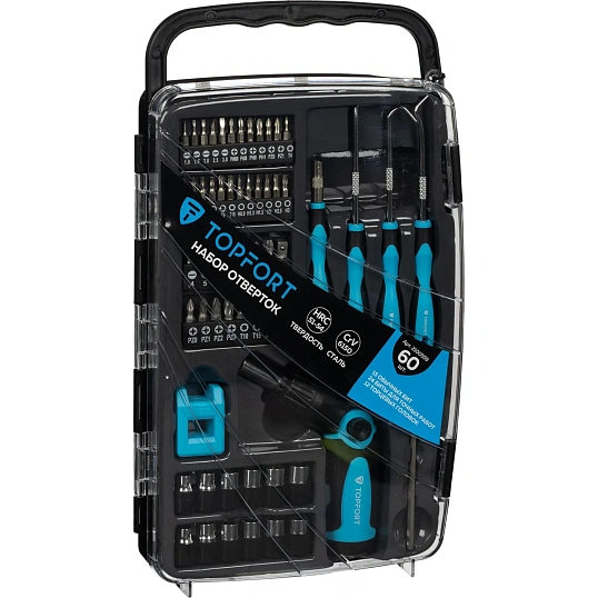 Набор отверток Topfort с трещоткой, битами, крюками 60 предметов (542160)