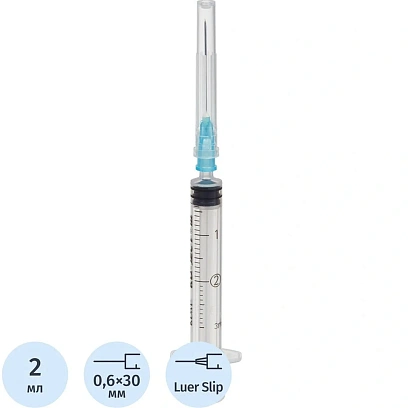 Шприц 3-комп. однораз. 2мл LS 23G(0,6x30) прил. 100шт/уп KD-Ject III