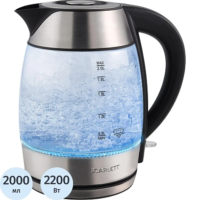 Чайник SCARLETT SC-EK27G13, электрический, 2200Вт, 2л, стекло, сталь/черный