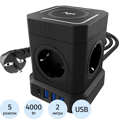 Сетевой фильтр AGNI  4р/2м,черный, 3USB + 1Type-C (TP-VE4U5E-C-W-2m-black)