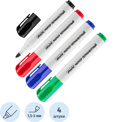 Набор маркеров перманентных ATTACHE 1,5-3мм. набор 4цв скошенный наконечник
