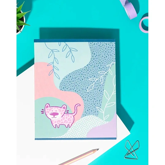 Тетрадь общая А5 48л №1School Леопард,клетка,скрепка,ВД-лак