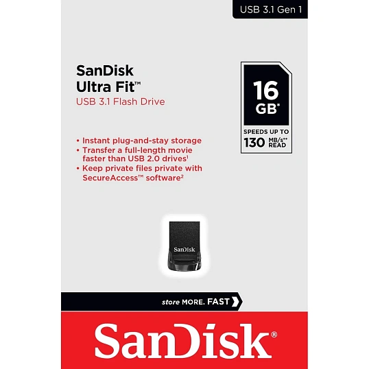 Флеш-память SanDisk Ultra Fit, 16Gb, USB 3.1/3.2 G1, чер, SDCZ430-016G-G46