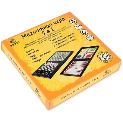 Игра настольная (магн.) 5в1 Шашки, шахматы, лудо, змеи и лестницы, нарды