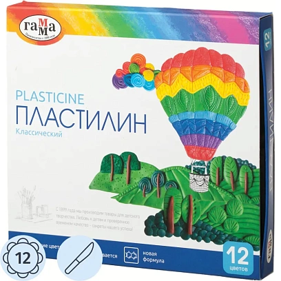 Пластилин классический Гамма КЛАССИЧЕСКИЙ 12 цв 240 г со стеком, 281033
