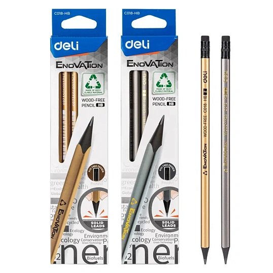 Карандаш чернографитный Deli HB трехгранный с ластиком, цвет корп в ассорт