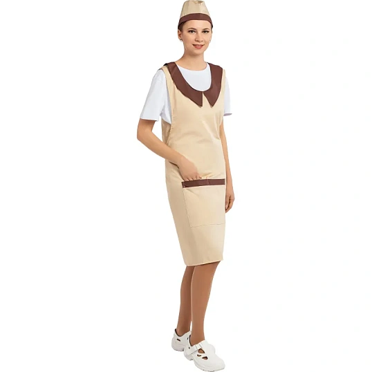 Фартук сарафан Маркет Профи с пилоткой всеразмерный цв. беж/шок