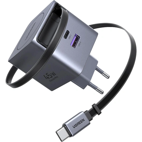 Зарядное устройство UGREEN X614(65822),выдв каб,45W GaN,USB-C&A,сер косм