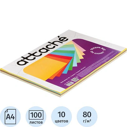 Бумага цветная Attache Multicolor А4,80г(10цв.интенсив,пастель по 10л)100л