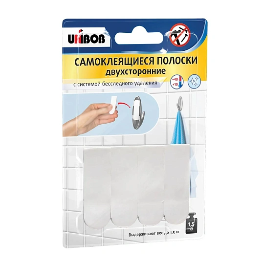Держатель полоски двухсторонние самоклеящиеся UNIBOB, белый, 4 шт/упак