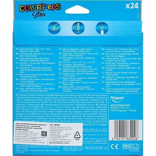 Карандаши цветные Maped COLOR'PEPS STAR,3хгр,дерево,24цв/наб,183224