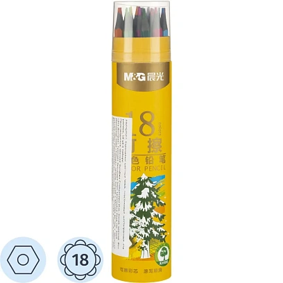 Карандаши цветные M&G, пластиковые, шестигран, стираемые, 18 цв/наб, в тубе
