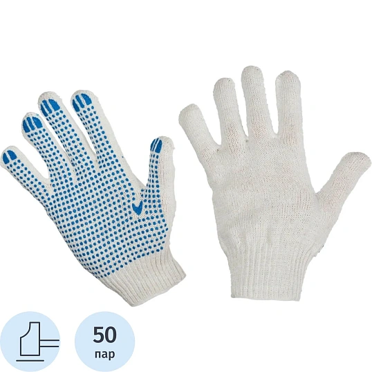 Перчатки защитные трикотажные с ПВХ Точка 4 нити 40-42гр 10кл (50 пар/уп)
