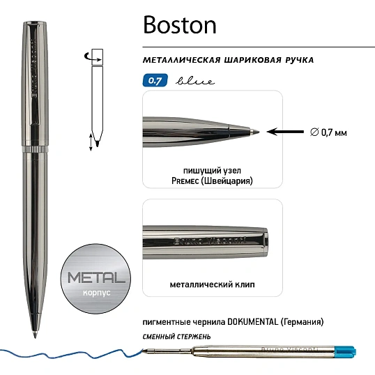 Ручка шариковая BOSTON ворон.стал.чер.корп,0.7мм,син, 20-0359